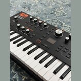 Černý klávesový syntetizátor s bílými a černými klávesami. Na horním panelu jsou nápisy ASM, SONIC MACHINES a model HYDRASYNTH EXPLORER. Přístroj obs…