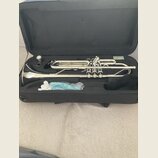 Stříbrný mosazný nástroj typu flugelhorn v černém kufru. Na nástroji nejsou viditelná žádná loga ani nápisy. Součástí je potrubí, tři ventily a modrý…