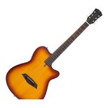 Akustická kytara s cutawayem v barevném přechodu od žluté k tmavě hnědé (sunburst). Na hlavě hmatníku je bílý nápis "Lag Guitar". Kytara má tmavý hma…