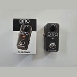 Na fotografii je kytarový pedál Ditto Looper v černé barvě s kovovým povrchem a jeho originální krabička. Na pedálu i na krabici je bílý nápis DITTO…