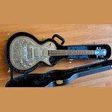 Elektrická kytara s kovovým povrchem zdobeným rytinami květin a listů, umístěná v černém tvrdém kufru. Na těle jsou dva humbuckery a čtyři ovládací k…