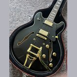 Černá polodupová elektrická kytara s gold hardwarem v hnědém tvrdém pouzdře. Nástroj má dva humbuckery, zlatý Bigsby vibrato systém a čtyři ovládací…