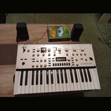 Bílý syntetizátor s klaviaturou, na kterém je vlevo nápis KORG a vpravo KingKORG NEO. Přístroj obsahuje řadu bílých otočných ovladačů, tlačítek a dva…