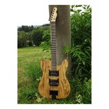 Elektrická kytara s přírodním dřevěným povrchem s výraznou sletovanou strukturou. Na hlavě hmatníku je nápis "Custom". Nástroj má dva černé humbucker…