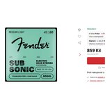 Balení basových strun značky Fender v tyrkysovém provedení. Na obalu jsou nápisy MEDIUM/LIGHT, 45|100, SUB SONIC, ELECTRIC BASS STRINGS FLATWOUND a M…