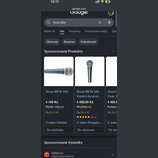 Snímek zachycuje screenshot z vyhledávače Google s výsledky pro dotaz „beta 58a“. Jsou zde zobrazeny produktové fotografie dvou dynamických mikrofonů…