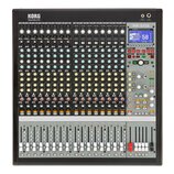 Černý digitální mixážní pult s nápisy KORG SoundLink a MW-2408 HYBRID ANALOG/DIGITAL MIXER. Zařízení obsahuje mřížku bílých a žlutých podsvícených tl…
