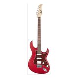 Elektrická kytara s červeným trupem a hnědým hmatníkem. Na hlavě je nápis Cort. Kytara má tři bílé snímače, červeně vzorovaný pickguard a chromované…