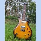 Elektrická kytara s prohnutým korpusem v žlutém sunburst provedení s viditnou strukturou dřeva. Na hmatníku jsou vyznačeny vložky ve tvaru ptáků. Kyt…