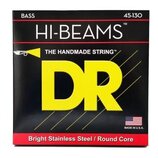 Fotografie znázorňuje obal basových strun značky DR. Na černém pozadí je výrazné žluté logo DR a nápisy HI-BEAMS™, THE HANDMADE STRING™ a BASS 45-130…