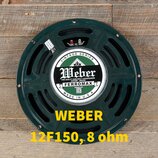Zelený kruhový reproduktor s kovovým rámem. Uprostřed je bílý štít s nápisy VINTAGE SERIES, Weber, FINE QUALITY HAND-BUILT LOUDSPEAKERS KOKOMO - INDI…
