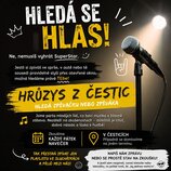 Grafický inzerát s černým pozadím a žlutými prvky, na kterém je zobrazen dynamický mikrofon s kovovou síťkou a černým tělem na stojanu. Text obsahuje…