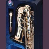 Zlatý saxofon v modrém polstrovaném kufru. Vedle nástroje je umístěn zlatý mouthpiece s korkem a malý plastový sáček s příslušenstvím. Na nástroji ne…