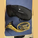 Na fotografii je mosazný železný nástroj typu baryton nebo euphonium v zlaté barvě a černý polotvrdý pouzdro. Na pouzdře je vidět bílé trojúhelníkové…