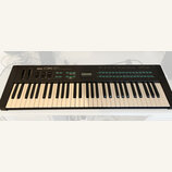 Černý digitální klavír s bílými a černými klávesami. Na horním panelu je nápis YAMAHA DX21, malý displej a řada zelených tlačítek. Nástroj vykazuje m…