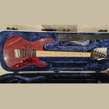 Elektrická kytara s červeným plamenovitým povrchem korpusu a světle hnědým hnedem hmatníkem. Na hlavě je bílý nápis "Schecter". Nástroj má tři snímač…