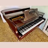 Hnědé dřevěné piano s otevřeným horním víkem, skrze které jsou vidět kovové struny a vnitřní mechanismus. Na hudebním pultu je vyřezaný kruhový ornam…