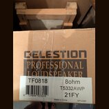 Fotografie zachycuje kartonovou krabici s nápisem CELESTION PROFESSIONAL LOUDSPEAKER. Na krabici je bílá nálepka s označením TF0818, 8ohm, T5332AWP a…