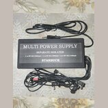 Černý napájecí adaptér s nápisem MULTI POWER SUPPLY, SEPARATE ISOLATED a STARBUCK. Pod názvem je uveden text 1 x 9V DC/500mA + 1 x 9V DC/300mA + 6 x…