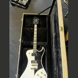 Bílá elektrická kytara s černým pickguardem v otevřeném kufru s černou vnitřní výstelkou. Na hlavě hmatníku je viditelné logo "Epiphone". Nástroj má…