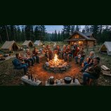 Skupina lidí hraje hudbu ucampfire v lese před dřevěnou chatou a stany. Jsou vidět akustické kytary, housle, banjo, kontrabas a akordeon. Na nástrojí…