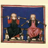 Ilustrace znázorňuje dva muže hrající na dřevěné dechové nástroje s nátrubky a rozšířeným koncem. Postavy sedí na dřevěných lavicích na modrém pozadí…