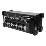 Černý digitální stagebox s kovovým šasi a madlem. Na předním panelu je nápis DL16S, logo výrobce a řada vstupů označených jako INPUT (čísla 1–16) a v…