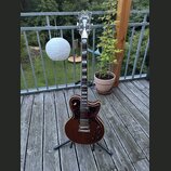 Tmavně hnědá elektrická kytara s tvarem single-cut, umístěná na černém stojanu. Na hlavě je bílé logo D'Angelico, korpus má tmavě červený perleťový p…
