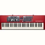 Červený digitální klavír s bílými a černými klávesami. Na pravé straně je bílý nápis nord electro 6D a pod ním menší text SEMI WEIGHTED WATERFALL 88.…
