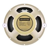 Fotografie znázorňuje zadní stranu reproduktoru v béžovém kovovém rámu. Uprostřed je štítek s logem CELESTION a texty: Model G12 M, Power capacity 65…