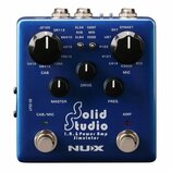 Modrý efekt pedál s nápisem Solid Studio I.R. & Power Amp Simulator a logem NUX. Zařízení má pět černých otočných ovladačů s popisky CAB, DRIVE, MIC,…