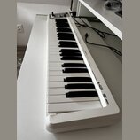 Bílá klaviatura s plastovým šasi. Na pravé straně je nápis A-49 a dále text SMALL SIZE, LIGHT WEIGHT. V horní části jsou ovládací prvky a nečitelný n…