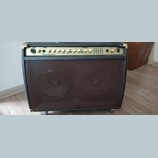 Černý kytarový kombozesilovač s kovovou mřížkou reproduktoru. Na horním ovládacím panelu jsou nápisy CH1, CH2, CHORUS, REVERB a vpravo logo AEA 60 As…