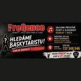 Grafický inzerát s černým pozadím a bílými a červenými texty. Obsahuje nápis „FreQence BIGBEAT / ROCK COVER BAND ZE ZLÍNA“ a velký text „HLEDÁME BASK…