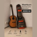 Akustická kytara s přirozenou dřevěnou barvou a černým hmatníkem. Na hlavě nástroje je bílý nápis Washburn. Vedle kytary stojí šedé poloměkké pouzdro…