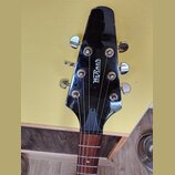 Černá hlava elektrické kytary s chromovanými ladičkami. Uprostřed je bílý nápis „Werner GUITARS“. Povrch lakovaného dřeva vykazuje drobné oděrky a zn…