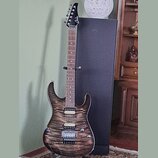 Elektrická kytara s prořezaným tmavým dřevěným povrchem těla a hmatníkem. Na hlavě je bílý nápis Superstrato. Nástroj má tři snímače typu single-coil…