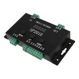 Černý kovový box s nápisem DMX512 DECODER a označením modelu SP201E. Zařízení má digitální displej, tři kulaté ovládací tlačítka s popisky MENU, UP a…