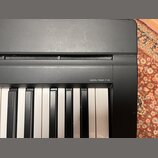 Detailní pohled na část klávesnice digitálního piana v černé barvě. Na horní liště je bílý nápis DIGITAL PIANO P-45. Povrch plastového šasi vykazuje…