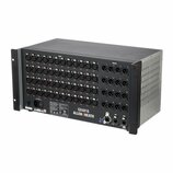 Černý rackový patchbay s velkým množstvím konektorů. Na zadním panelu je nápis GX4816 a logo ALLEN&HEATH. Horní část panelu je rozdělena na sekce Inp…