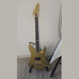 Zlatá elektrická kytara s dvojcutem, umístěná na černém stojanu. Na hlavě hmatníku je čitelné logo LTD. Nástroj má dva humbuckery, zlatý hardware a T…