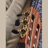 Detail hlavy akustické kytary z hnědého dřeva. Jsou vidět tři ladicí mechanismy se zlatým kovovým základem s ornamenty a černými plastovými knoflíky.…