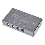 Stříbrný kovový napájecí zdroj s nápisy Harley Benton, POWERPLANT ISO-1 PRO a ISOLATED OUTPUT POWER SUPPLY. Zařízení má čtyři výstupy označené 9V 500…