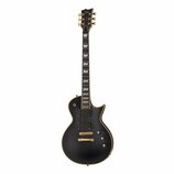 Elektrická kytara s černým matným povrchem korpusu a zlatými komponenty. Na hlavě hmatníku je viditelné logo Ltd. Nástroj má dva humbuckery, tři ovlá…
