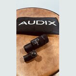 Černý dynamický mikrofon s mřížkou, na kterém je bílý nápis AUDIX D4. Mikrofon je upevněn v černém držáku s plastovým šroubem pro utahování. V pozadí…