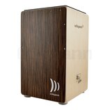 Kvádrnový reproduktorový box s kombinovaným povrchem. Boční strana je v tmavě hnědé dřevěné textuře, zatímco přední strana je zC světlého dřeva. Na o…