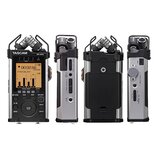 Čtyři pohledy na stříbrno-černý digitální záznamník s integrovanými mikrofony. Na přední straně je nápis TASCAM a model DR-44WL, displej zobrazuje ča…