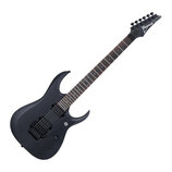 Elektrická kytara s matně černým povrchem těla a hmatníkem. Na hlavě je bílý nápis Ibanez. Nástroj má dva humbuckery a tremolo mechanismus. Povrch vy…