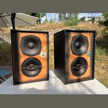 Dva černý boxy s reproduktory a přední deskou v oranžovém přechodovém odstínu. Každý box obsahuje jeden větší a jeden menší reproduktor; u menších re…