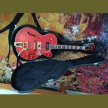 Červená polodupová elektrická kytara v černém tvrdém kufru. Na horní dece je vidět nápis "Epiphone" na hlavě hmatníku a zlatý hardware. Povrch nástro…